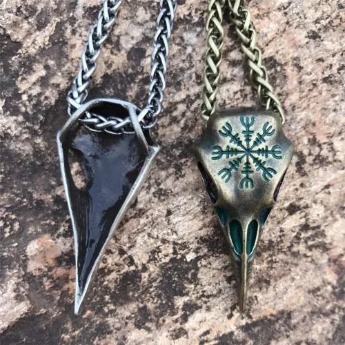 Vista 4 de NJ - Collar de calavera de cuervo vikingo, acero inoxidable, retro, peltre y cuervos, lanza nórdica, vikingo nórdico, runa nórdica, colgante gótico