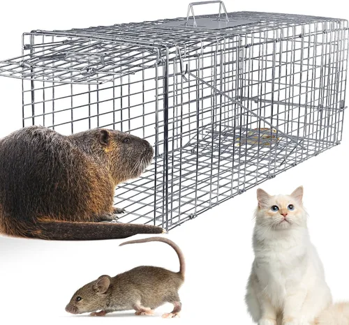 Vista 12 de Jaula de animales vivos, 29.13 x 9.44 x 1.18 pulgadas, resistente, plegable, de acero, con guantes para conejo, ardilla, zarigüeya, mofeta, mapache