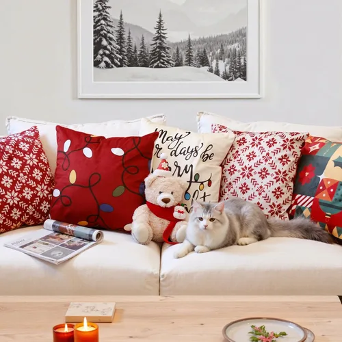 Vista 7 de jinchan Fundas de almohada navideñas de 20 x 20 pulgadas, fundas de almohada rojas navideñas con estampado de luces de cascabel, decoración