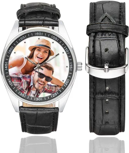 Vista 3 de Reloj de encargo de la foto del par de los relojes ocasionales de la correa de cuero negro para los hombressu noviomarido