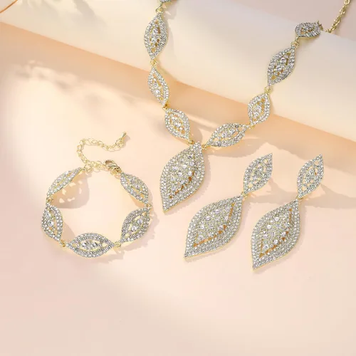 Vista 4 de Flyonce Juego de joyas de boda con diamantes de imitación de cristal nupcial y collar de hojas colgantes para mujer