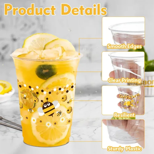 Vista 4 de 100 piezas de vasos de plástico con temática de abejas para fiesta, 12 onzas, vasos desechables de miel, vasos transparentes con lindo tema
