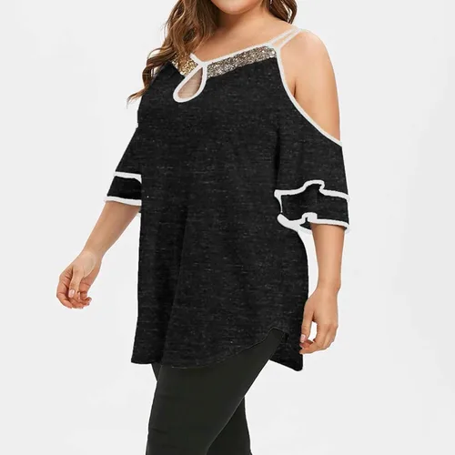 Vista 2 de 957 Camiseta de manga corta para mujer, con hombros descubiertos, camiseta sexy con correa de lentejuelas, manga corta, cómoda, holgada, para verano