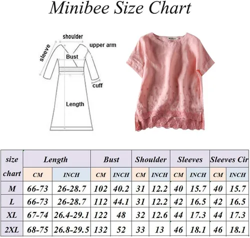 Vista 3 de Minibee Blusa de lino de verano para mujer, blusa bordada con dobladillo alto y bajo