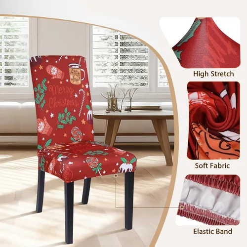Vista 3 de SearchI Juego de 6 fundas para sillas de comedor navideñas, fundas elásticas impresas para sillas de cocina, lavables, de elastano, fundas