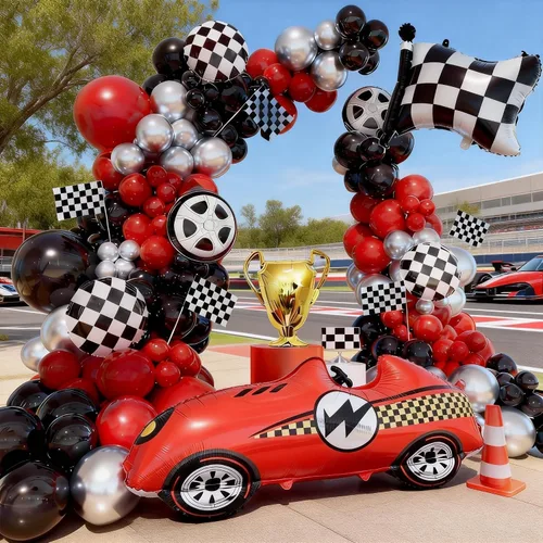 Vista 6 de Kit de arco de globos de auto de carreras, decoración de cumpleaños de coches de carreras, fiesta de cumpleaños, bandera roja, negra y plateada, kit
