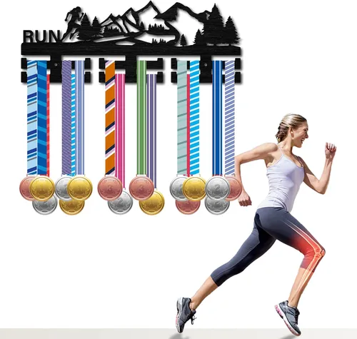 Vista 7 de CREATCABIN Soporte para medallas de carrera, soporte para medallas deportivas, estante de pared montado en la pared, más de 30 medallas, bosque