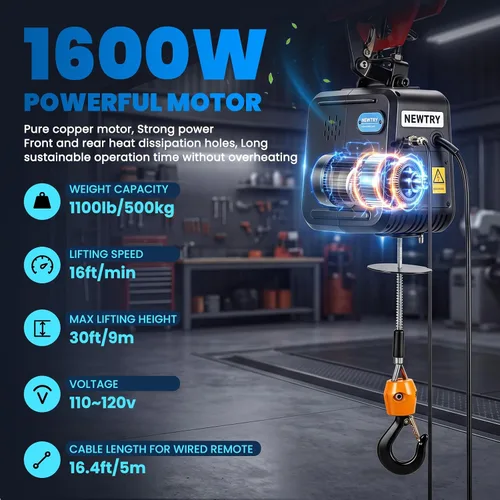 Vista 4 de NEWTRY Polipasto eléctrico Pro de 1,100 libras, cabrestante eléctrico 110v 120v, con 2 controles remotos inalámbricos, control remoto por cable