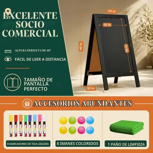Vista 5 de 4 THOUGHT Pizarra magnética de doble cara con marco A de 40"x20", tablero de madera de pino macizo independiente para sándwiches para restaurantes