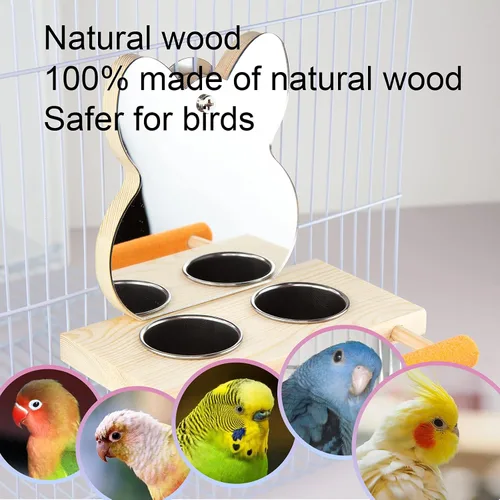 Vista 3 de Juguete de espejo de loro con tazas de alimentación de acero inoxidable, marcos de madera para pájaros con perca de jaula para periquitos pequeños