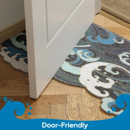 Vista 4 de Tapete de puerta de entrada de onda azul, tapete de estilo japonés Ukiyo-e, tapete antideslizante de PVC para puerta, tapete para el hogar, tapete