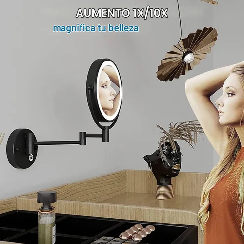 Vista 3 de Espejo de maquillaje LED con luces y aumento de 10x, espejo de tocador montado en la pared, redondo, de doble cara, con brazo extensible giratorio