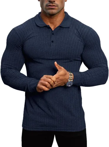 Vista 11 de Lehmanlin Men's Long Sleeve Polo Shirt Muscle Fit Cotton Top A-negro/Largo