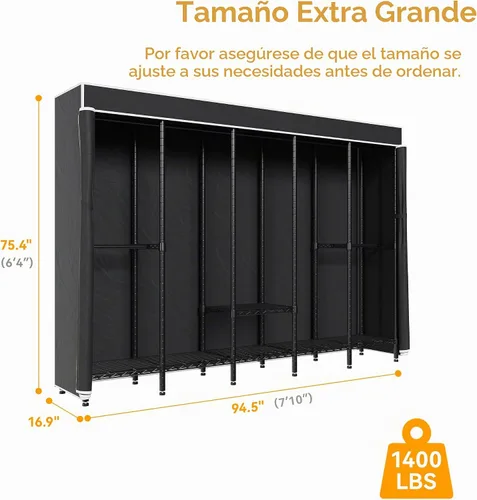 Vista 5 de Higeego Perchero de Ropa Resistente de 94.5" de Ancho con Cubierta, Perchero de Ropa H5C con Estantes Ajustables Armario Closet Independiente