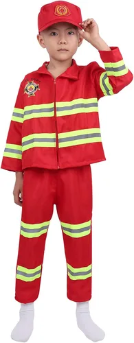 Vista 4 de Jizyo Disfraz de bombero para niños y niñas, de manga larga, chaqueta con pantalones, sombrero, fiesta temática, vestido de bombero