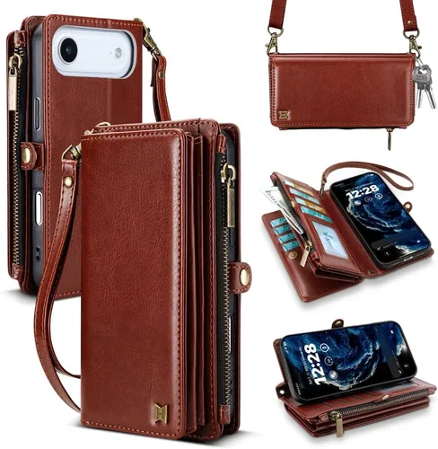 Vista 52 de Funda tipo cartera para iPhone 16 Pro Max con 8 tarjeteros, bloqueo RFID, piel sintética, función atril, abatible, correa de muñeca y correa