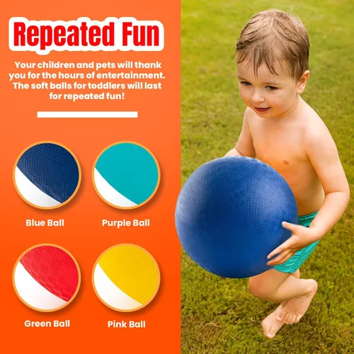 Vista 2 de New Bounce Pelotas de juegos para niños, juego de 4 pelotas de goma para rebotar más bomba y 2 pines, tamaño reglamentario para dodgeball y más