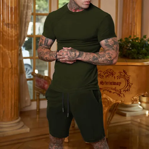 Vista 5 de RTRDE Conjunto de pantalones cortos y pantalones cortos deportivos para hombre, 2 piezas, conjunto de chándal de verano, pantalones deportivos