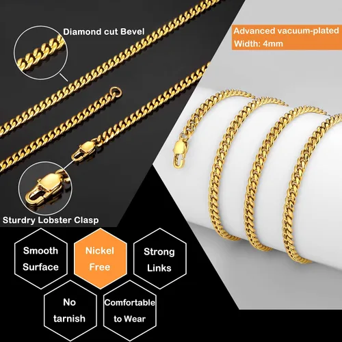 Vista 3 de Jewlpire Diamond Cut Miami Mens Cuban Link Chain Necklace, Gold Chain Silver Chain for Men Boys Women, Hip-Hop & Cool Style, 316L Stainless