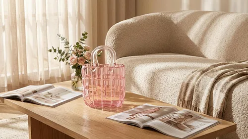 Vista 2 de Jarrón de cristal rosa - Diseño elegante para decoración del hogar, ideal para exhibir flores y artículos decorativos, adornos y plantas