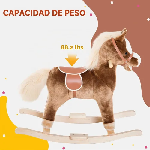 Vista 6 de Qaba Caballo Mecedor para Niños, Mecedora de Peluche para Niños Pequeños, Juguete Montable con Base de Madera y Agarre de Mango, Juguete Tradicional