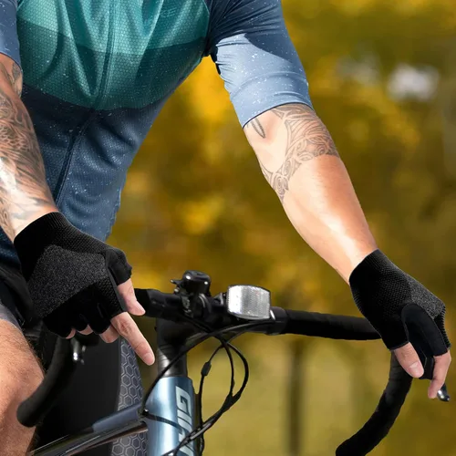 Vista 6 de Guantes de ciclismo para hombres y mujeres, guantes de bicicleta de medio dedo, para ciclismo, gimnasio, levantamiento de pesas, remo, motocicleta