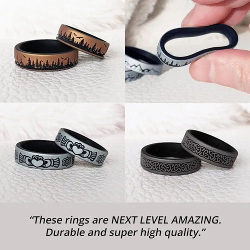 Vista 4 de Knot Theory Anillo de silicona para hombres y mujeres, diseño de ondas, montaña, bosque, alianza de boda de silicona para actividades deportivas