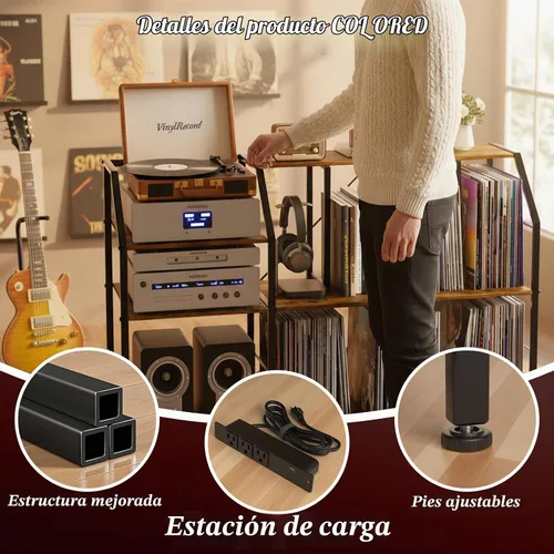 Vista 5 de Faesun - Soporte grande para tocadiscos con almacenamiento de discos de vinilo y tomas de corriente, gabinete de almacenamiento de más de 500 Marrón