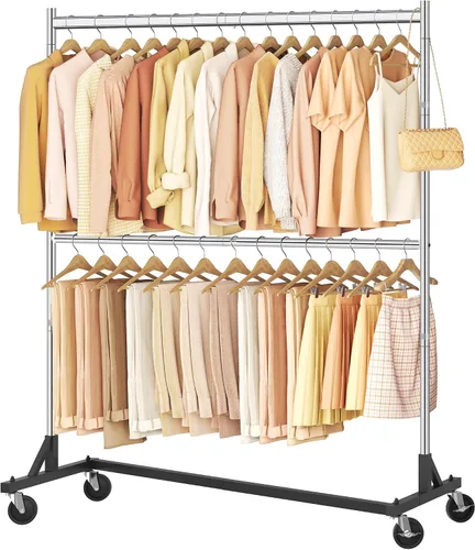 Vista 11 de Hoctieon Estante de doble barra Z, estantes de ropa rodantes con base en Z, perchero ajustable para ropa, perchero de pie para ropa de pie, perchero