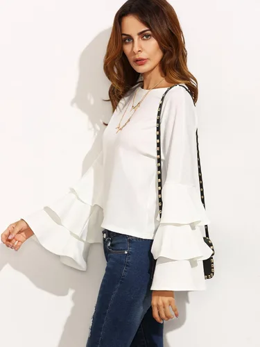 Vista 2 de SheIn Blusa de manga larga con volantes y cuello redondo para mujer
