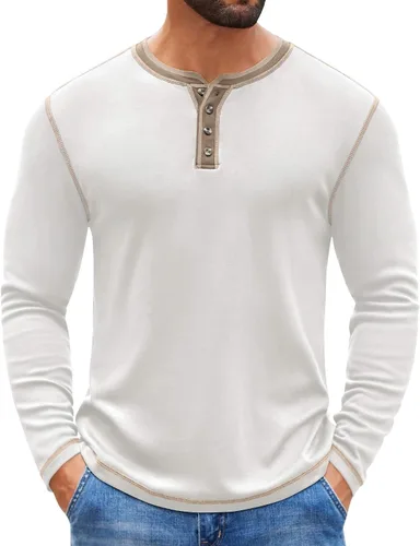 Vista 12 de COOFANDY - Camisetas Henley para hombre, manga larga, con botones, estilo casual, de pullover, suaves, elásticas, tops de camiseta