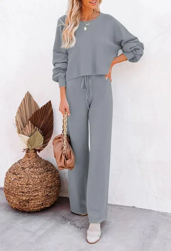 Vista 2 de Pink Queen Conjunto de 2 piezas de suéter de manga larga y pantalones largos de pierna ancha para mujer