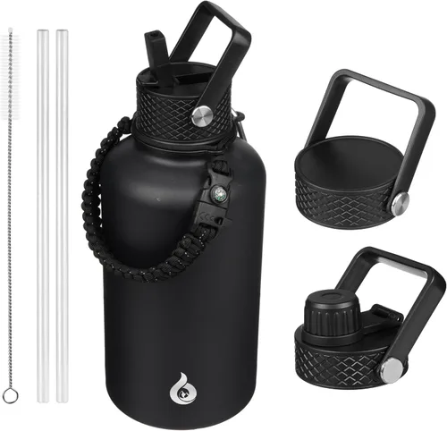 Vista 69 de BJPKPK Botellas de Agua Aisladas con Tapa de Pajita, Botella de Agua de Acero Inoxidable de 18oz, Termo Frío Caliente con 3 Tapas, Vaso de Viaje a