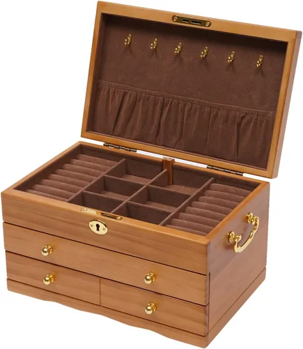 Vista 3 de Joyeros de madera, 3 capas de madera, caja de almacenamiento grande de madera sin espejo, caja de almacenamiento de joyería de escritorio