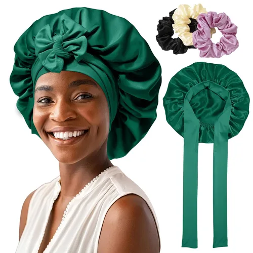 Vista 14 de Gorro de satén para mujer, con banda de amarre para el cabello, para dormir, grande de 2 capas, gorro de dormir de seda para dormir con 3 coleteros