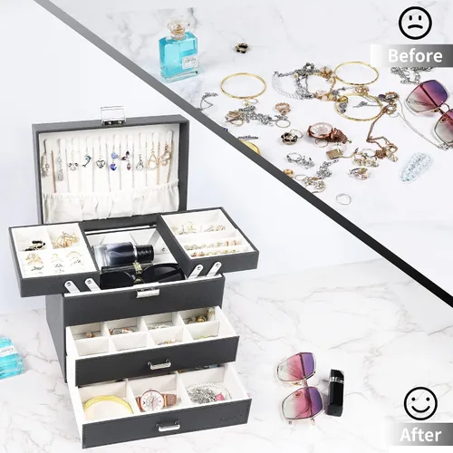 Vista 2 de Dajasan Cajas de joyería para mujeres y niñas, caja organizadora de joyas, organizador de joyas grande de 4 capas para aretes, anillos, collares