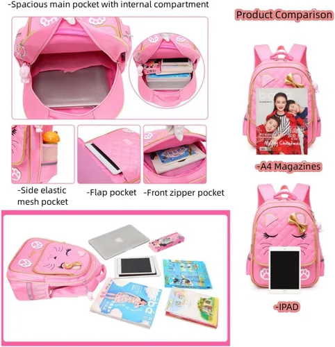 Vista 4 de Mochila con ruedas para niñas, mochila escolar, con estampado de cara de gato, equipaje de mano con ruedas, 2 ruedas rosa, L, Estilo A -2 Ruedas