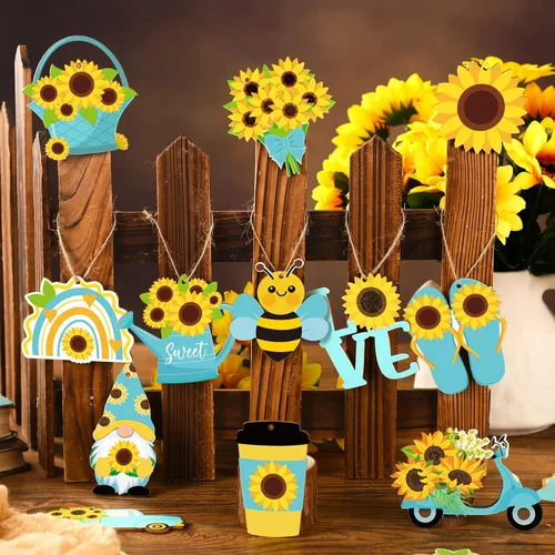Vista 4 de Chunful Adorno de árbol de gnomo de girasol de verano, adornos colgantes de madera para primavera, decoración de árbol pequeño con cuerda