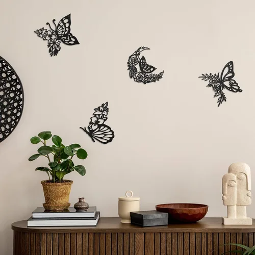 Vista 7 de LOYIM 4 piezas de decoración de pared de mariposa de metal, decoración de pared de hojas de metal, fases lunares, floral, bohemio, para colgar