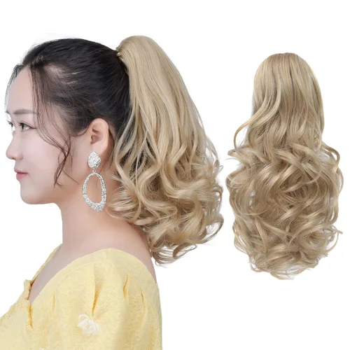 Vista 31 de Cola de caballo con clip, color castaño rojizo, ondulado de 10 pulgadas, extensión de cola de caballo de 3.3 onzas, extensiones de cabello sintético