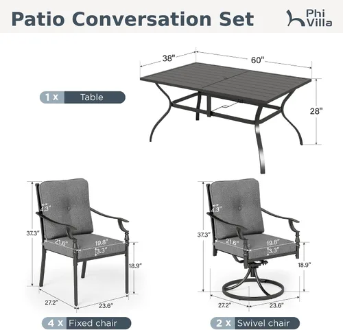 Vista 9 de PHI VILLA - Juego de comedor para exterior de 7 piezas para 6, mesa rectangular de acero negro con sillas fijas y giratorias de hierro, gran juego