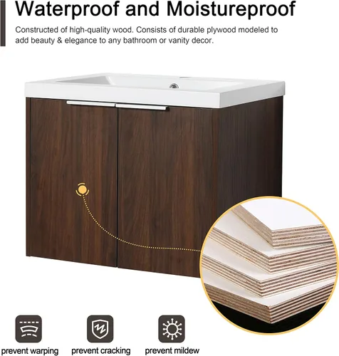 Vista 6 de Malwee Vanidad flotante de baño de 24 pulgadas con fregadero, lavabo individual de 24 pulgadas montado en la pared, con 2 puertas y lavabo de resina