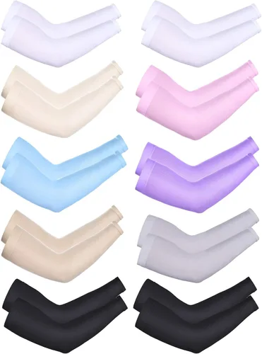 Vista 15 de Boao 10 pares de mangas UV para brazos para hombres y mujeres, cubierta de tatuajes refrescante, mangas de compresión con protección solar