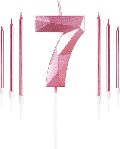 Vista 123 de Vela rosa de cumpleaños número 1 con 6 velas largas, decoraciones de decoración de pastel para fiesta de niña de 1 año, suministros de celebración