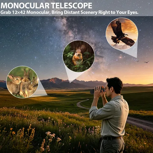 Vista 3 de BIBIRE Telescopio monocular 12X42 para la observación de aves de alta Monoculares HD con trípode FMC y BAK4 y adaptador de teléfono para observar