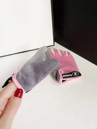 Vista 5 de Guantes de ciclismo para niños y niñas de 5 a 9 años de edad, color rosa con medio dedo, antideslizantes, con relleno, antideslizantes, sin dedos