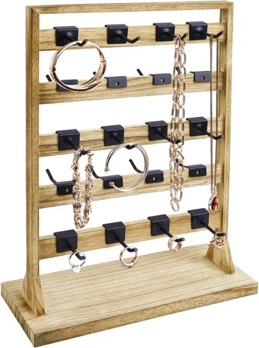 Vista 4 de Ikee Design Estante de exhibición de madera para joyas con 20 ganchos, soporte de exhibición con ganchos, torre de joyería para tarjetas