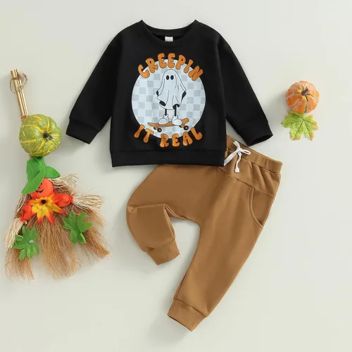 Vista 2 de pengnight Conjunto de 2 piezas de sudadera con estampado de flores de calabaza y manga larga para Halloween
