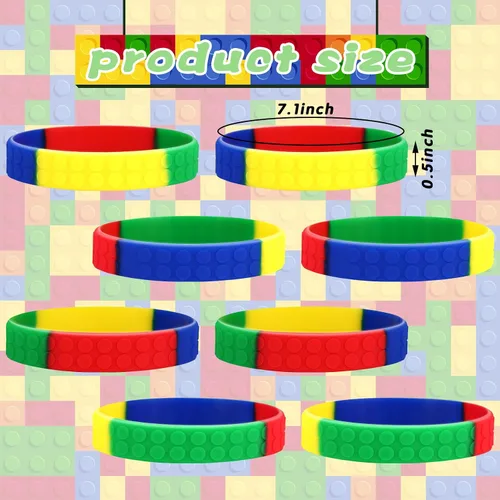 Vista 3 de Paquete de 48 pulseras de silicona de bloques de construcción para niños, regalos de fiesta de ladrillo de color, suministros de fiesta para niños