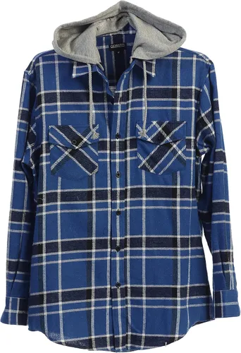 Vista 9 de Gioberti Camisa de franela a cuadros de algodón 100% para hombre con capucha extraíble y botones 100 – negro/azul real/gris.
